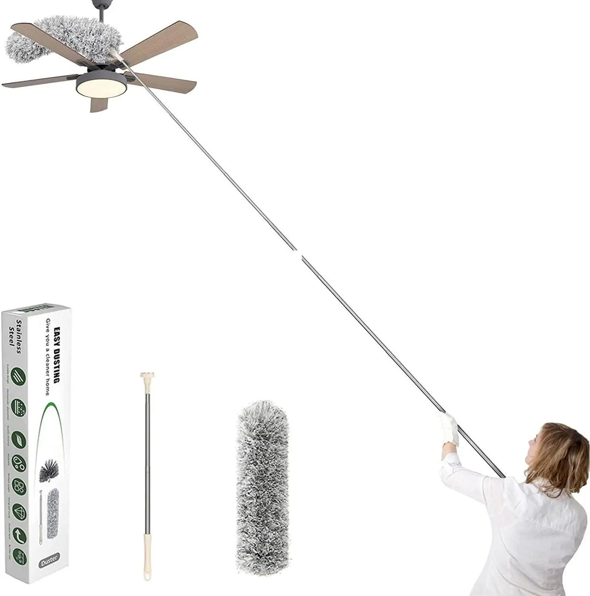 Microfiber Duster – 100-Inch Extendable Handle | Bendable Head for Ceiling Fans & High Places